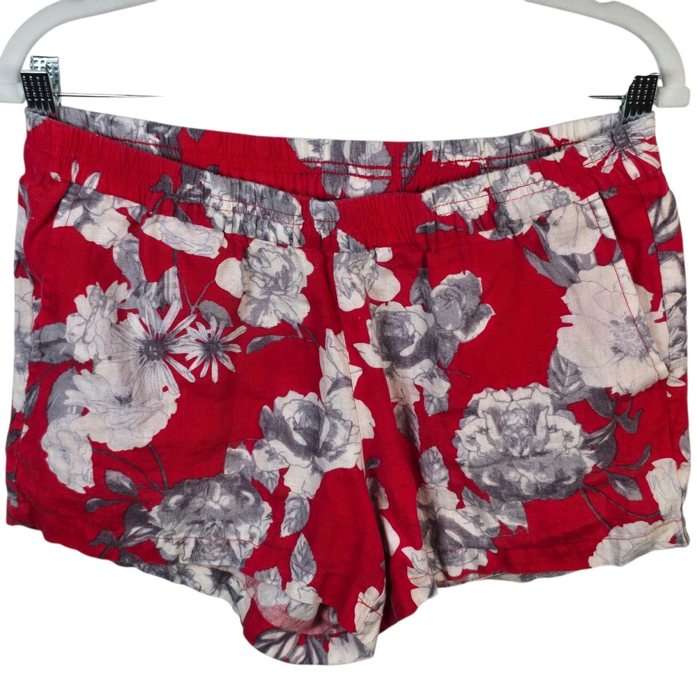 Kut from the‎ Kloth Red Floral 100% Linen Elastic Waist Shorts Womens Size 8